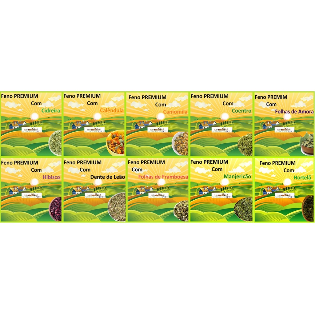 Kit Degustação 10 Sabores de Ervas Feno saborisado com ervas Manjericao Framboesa Amora Cidreira Hibisco Camomila Hortela Calendula Dente de Leao Coentro