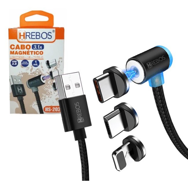 Cabo Carregador Magnético 3 em 1 V8 Tipo C e Ios Iphone Turbo Hrebos 202
