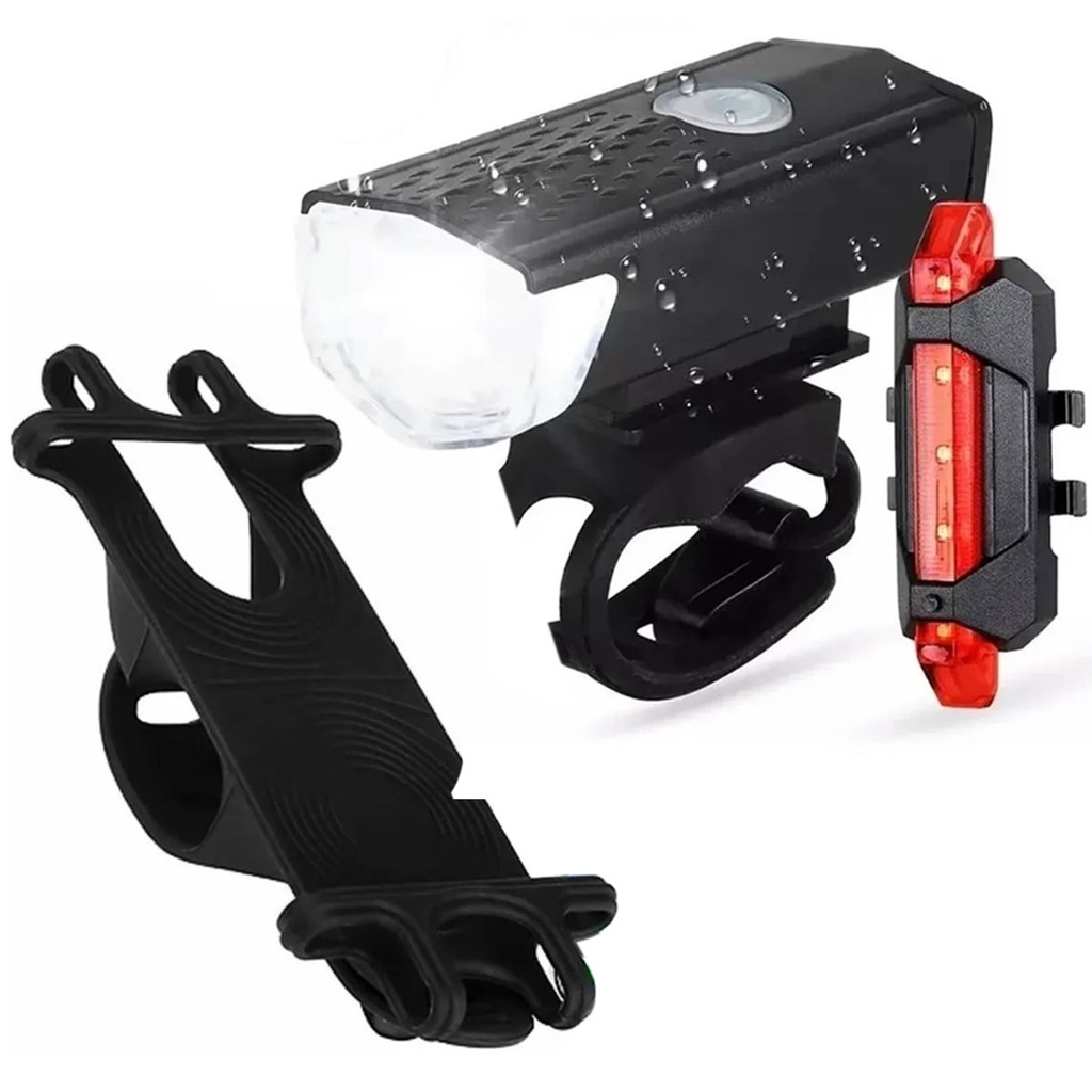 Farol Bike Luz Led Usb Ciclismo 300 Lumens Sinalizador Traseira + Suporte Para Celular Guidão Moto Silicone Case