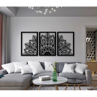 Kit 3 Quadros Mandala Apliques Decorativos 41cm x 29cm - MDF - Preto Fosco em Oferta na Shopee