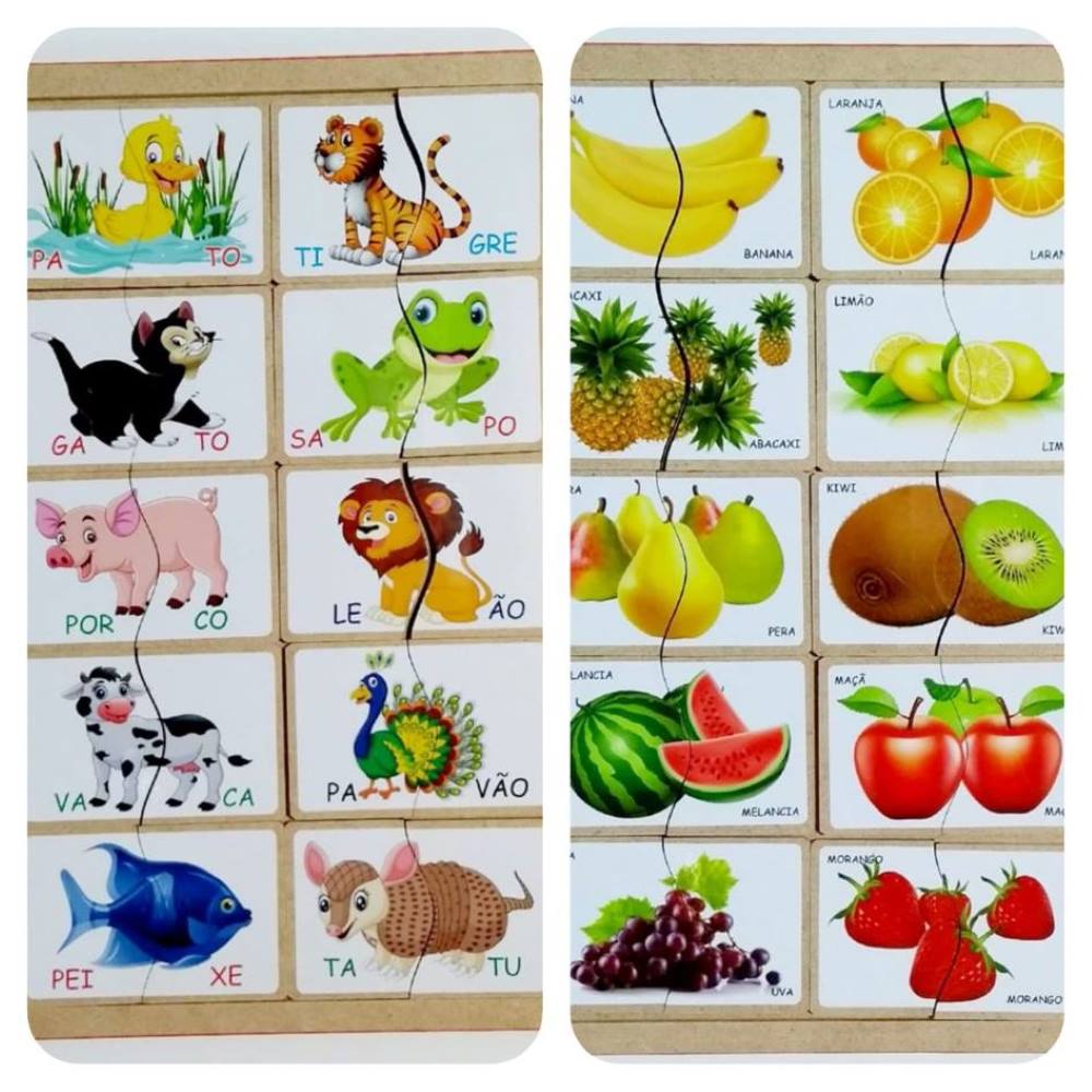 Kit C 2 Quebra Cabeças Duas Partes Madeira Frutas + Animais