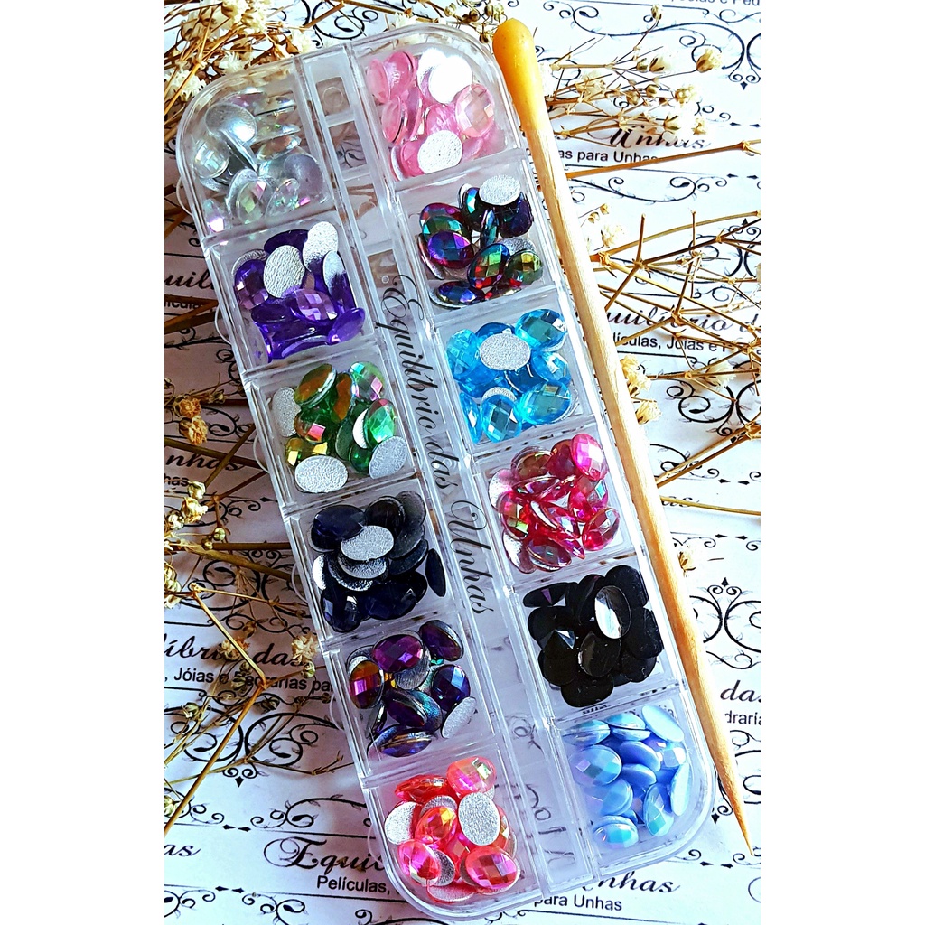 kit Oval 6x8mm (240 unidades) - CAIXINHA DE BRINDE + PALITO PEGA STRASS BRINDE - Pedraria de Unha para Nail designer, Manicure e artesanatos e joias para unhas, pedrarias, decoração e nail art