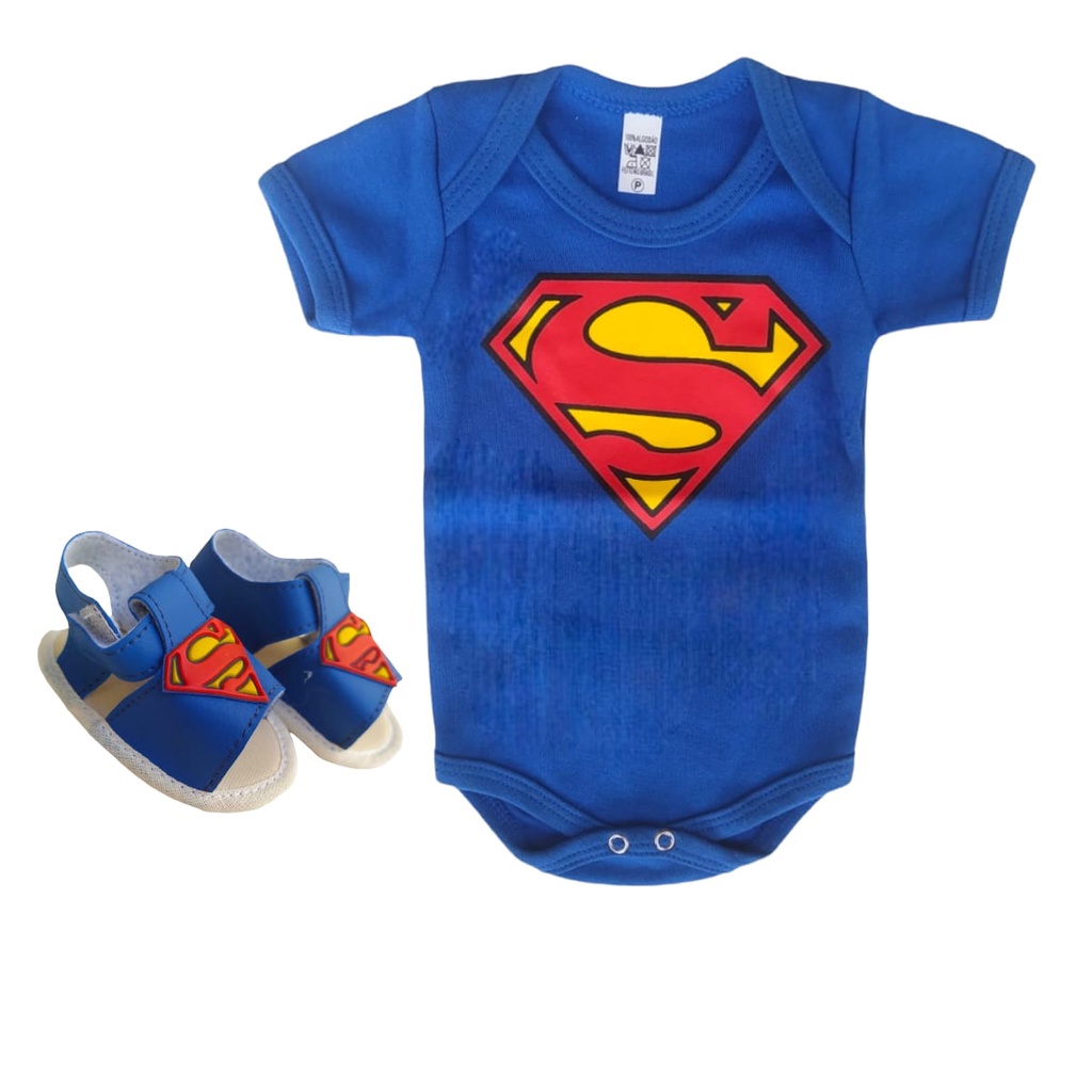 Kit 2 Peças Body + Sandália Super Man Para Bebê Fantasia Mêsversário Super Herói