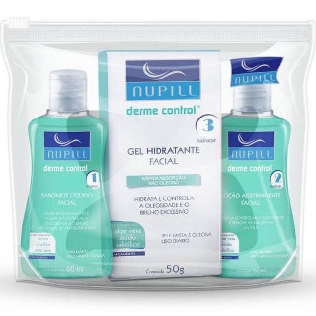 Kit Nupill viagem facial derme control sabonete + adstringente + gel hidratante