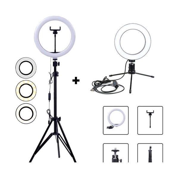 kit 2 Ring Light 10 Pol e 6 pol + 1 Tripé De Mesa e 1 tripé 2 metros + Suporte Celular
