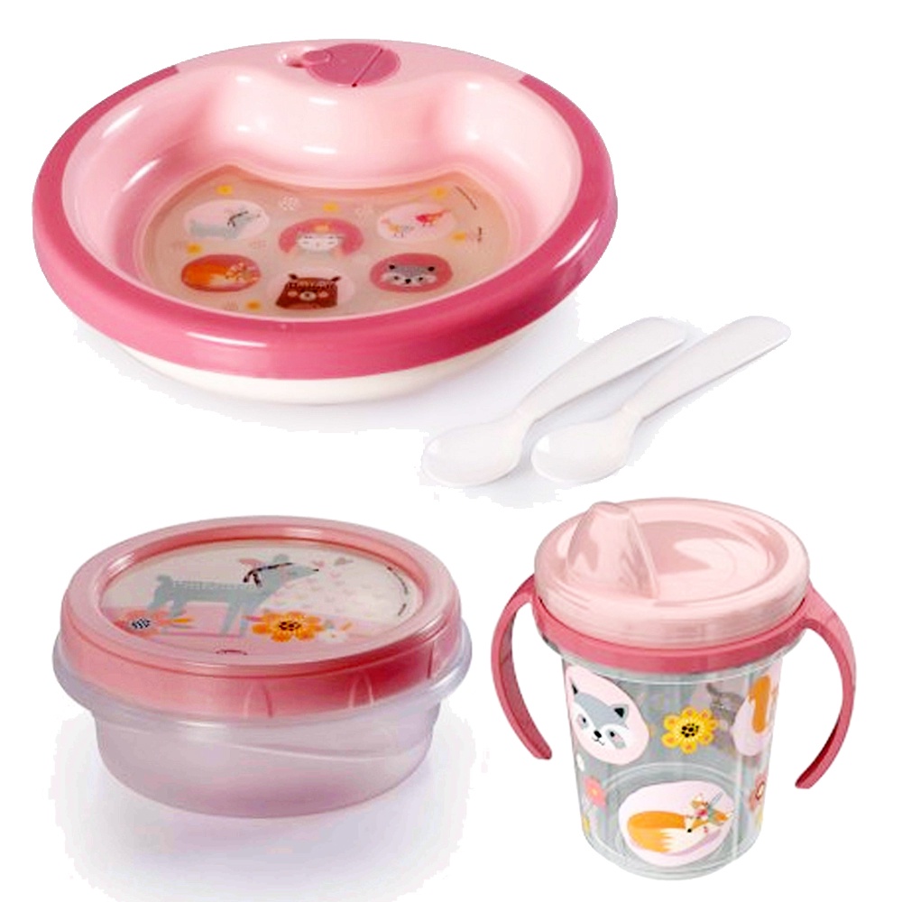 Jogo Kit Refeicao Infantil Bebe Prato Copo Pote Papinha Bichos Meninas