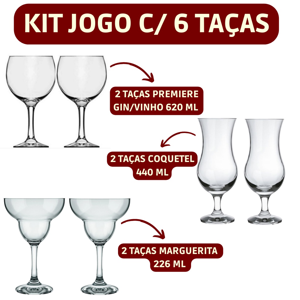 Conjunto Kit 6 Pçs C/ 2 Taça de Vidro Premiere Gin Vinho 2 Coquetel 2 Marguerita (Distribuidor Cristar) Envio Imediato