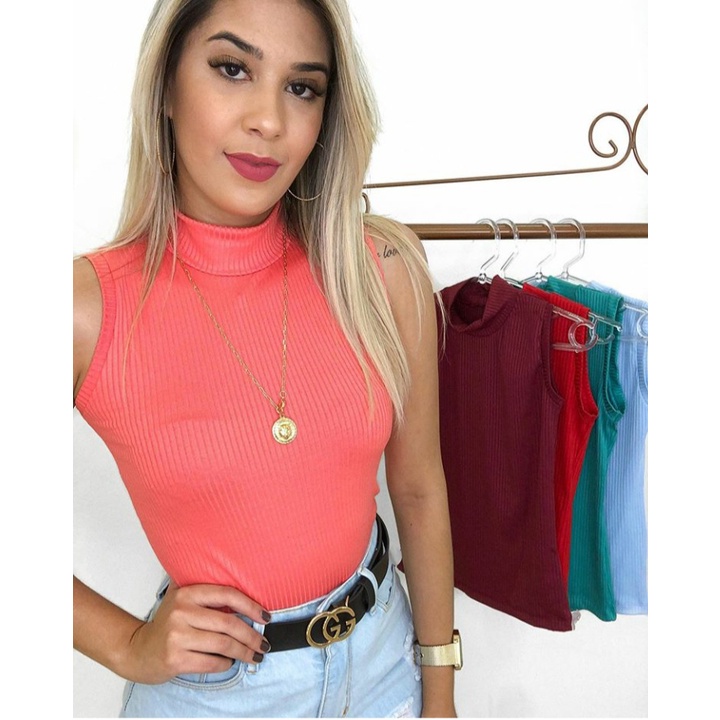 Blusa feminina   gola alta sem manga  malha canelada com elastano tendência blogueira linda