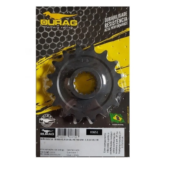 Pinhão Durag 16 Dentes Cb 500x Cb 500f Cbr 500R Nc 700 - Passo 520