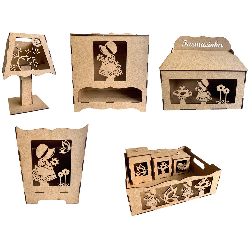 2 Kits Higiene Bebê Decoração Camponesa MDF Cru Desmontado 8pcs Infantil Sem Fiação