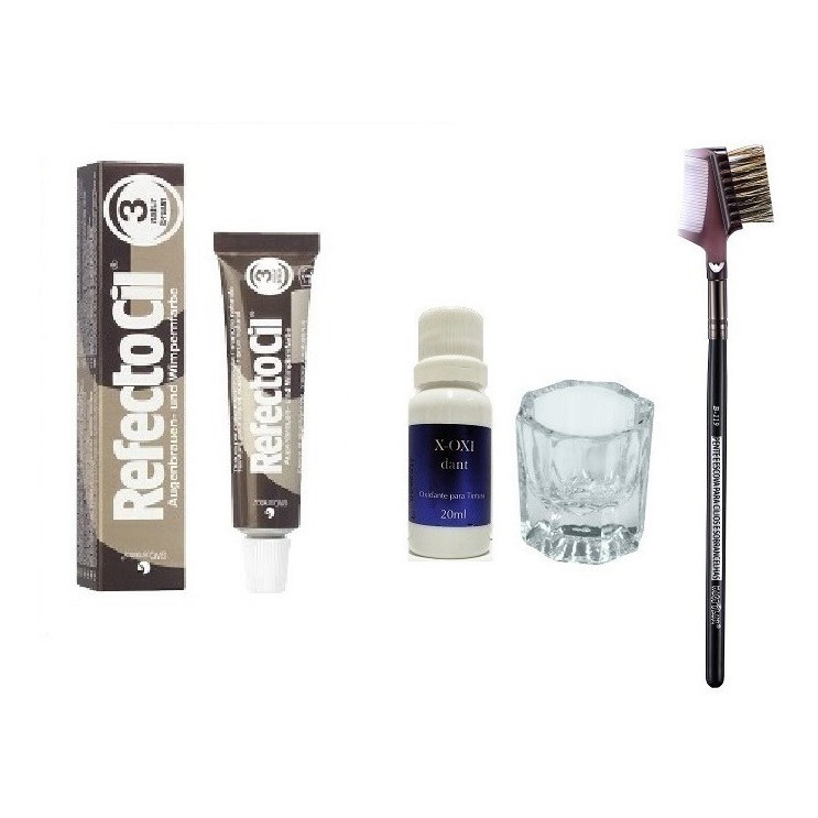 Kit Básico P/ Tingir Barba Refectocil Castanho 3 Pincel Copo Oxidante