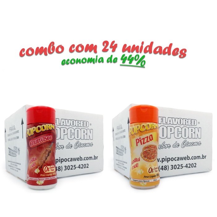 Temperos para Pipoca 100g | 24un - Sabores 12un. Churrasco - 12un. Pizza.