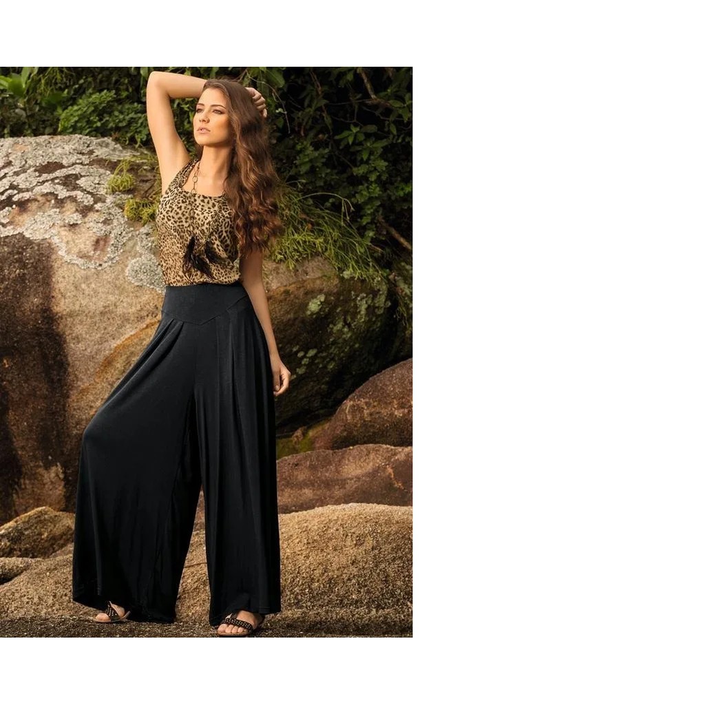 Calça Pantalona   Boca Larga  Sino  Soltinha Malha  Viscolycra Cos Largo Cintura Alta   Pregas em Oferta na Shopee