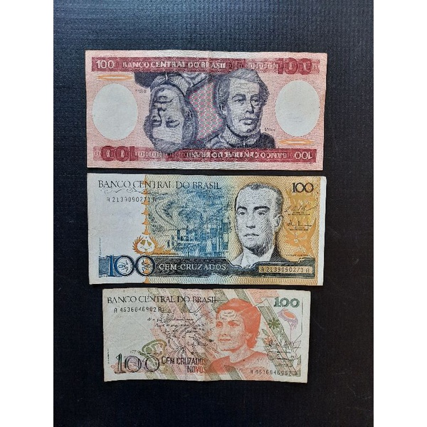 03 Cédulas antigas do Brasil 100 cruzeiros, 100 cruzados e 100 cruzados novos Mbc