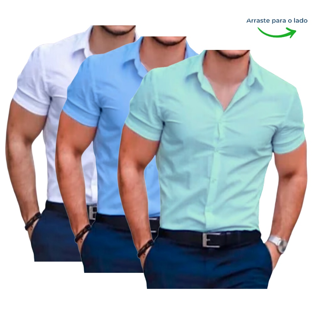 KIT 3 Camisa Social Masculina Manga Curta Slim Fit - Algodão - Entrega Rápida