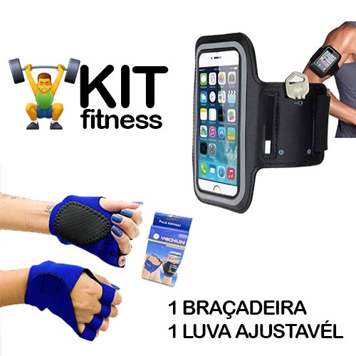 Kit Fitness Luva de Academia + Suporte de Braço para Celular Braçadeira de Corrida Academia