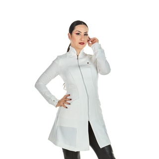 Jaleco Feminino Gola Padre Zíper Manga Longa Acinturado Branco Off White Médica Dentista Clínica Estudante Farmacêutica Esteticista Profissional