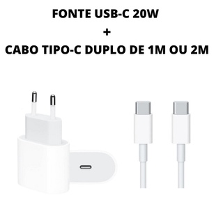 KIT FONTE USB-C 20W + CABO TIPO-C TIPO-C DE 1 OU 2M