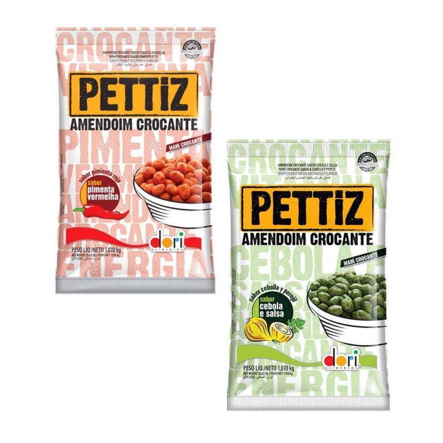 Amendoim Crocante Pettiz 1kg Pimenta Vermelha - Amendoim Dori Cebola e Salsa - Salgadinho Amendoim Pettiz
