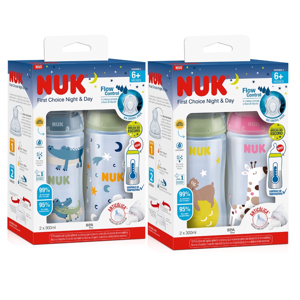 Kit 2 Mamadeiras Nuk FC Night & Day Controle de Temperatura Brilha no ...
