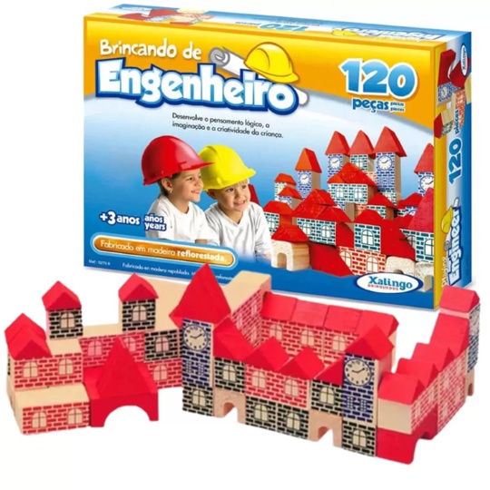 Blocos Montar Brincando De Engenheiro 120 peças em madeira Castelinho Pedagógico Educativo