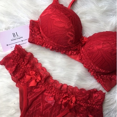 Conjunto De Renda Lingerie Sexy Sutiã Com Bojo Calcinha Fio Duplo