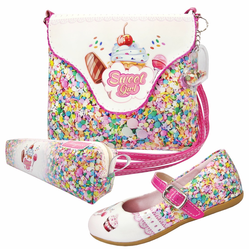 Kit Infantil Feminino Sapatilha Infantil Bolsa Infantil E Estojo Infantil Docinhos Menina Magicc Kids 1265