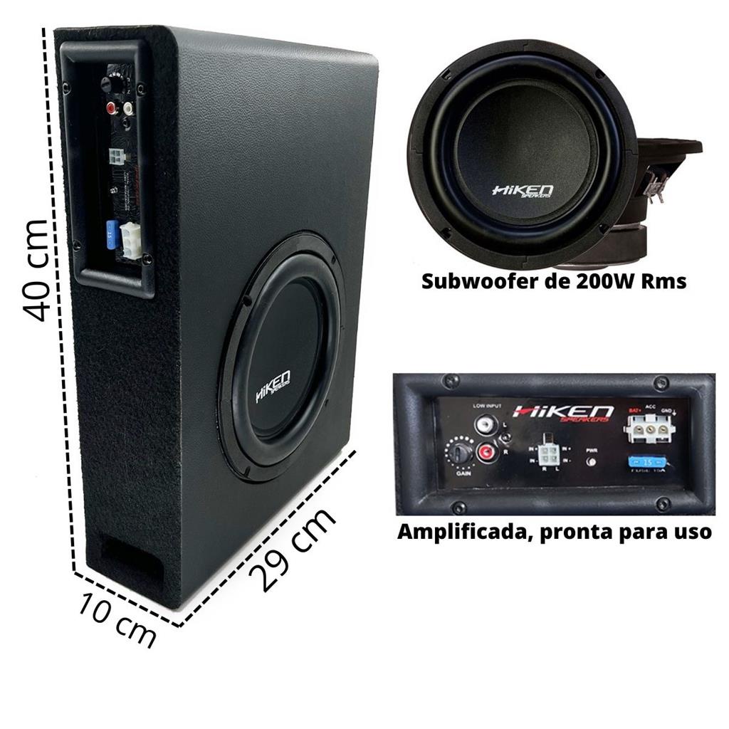 Caixa de Som Amplificada Automotiva Slim Sub 8 polegadas Subwoofer 200W Rms Embaixo Banco Grave