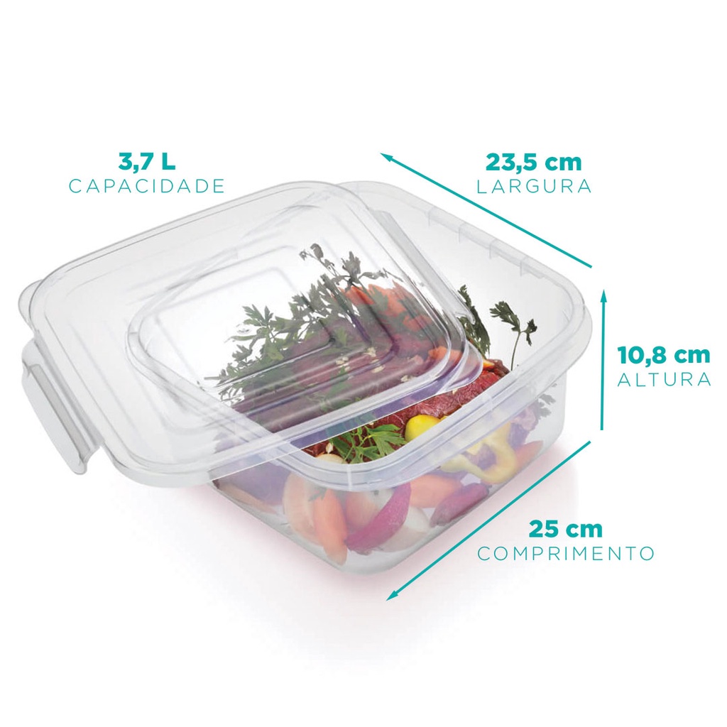 Pote quadrado extra grande com travas 3,7 Litros