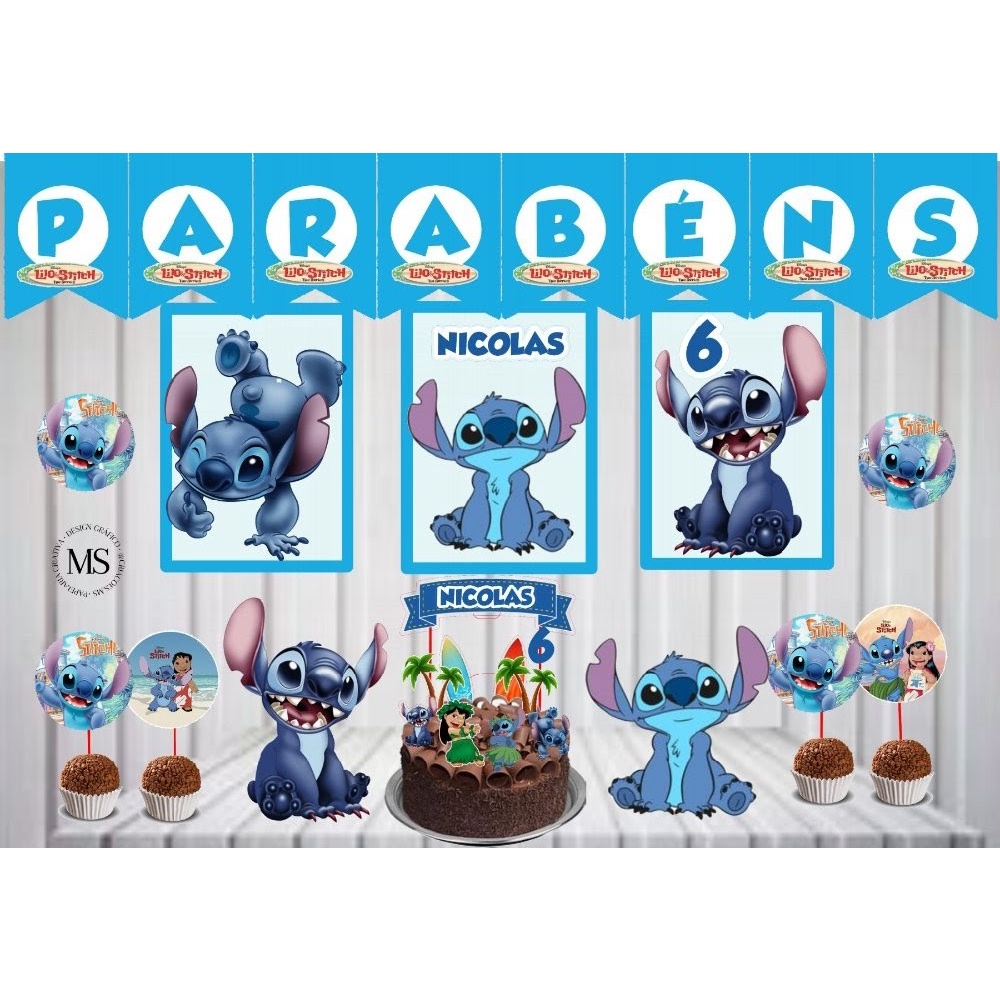 ENVIO RÁPIDO Kit festa Stitch | Personalizado Bolinho Aniversário 40 itens Lembrancinha