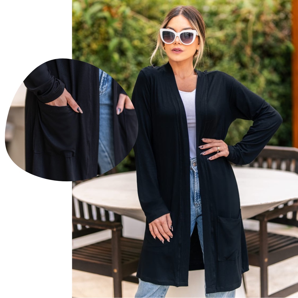 Cardigan Kimono Feminino Longo Com Bolso Sobretudo Casaco