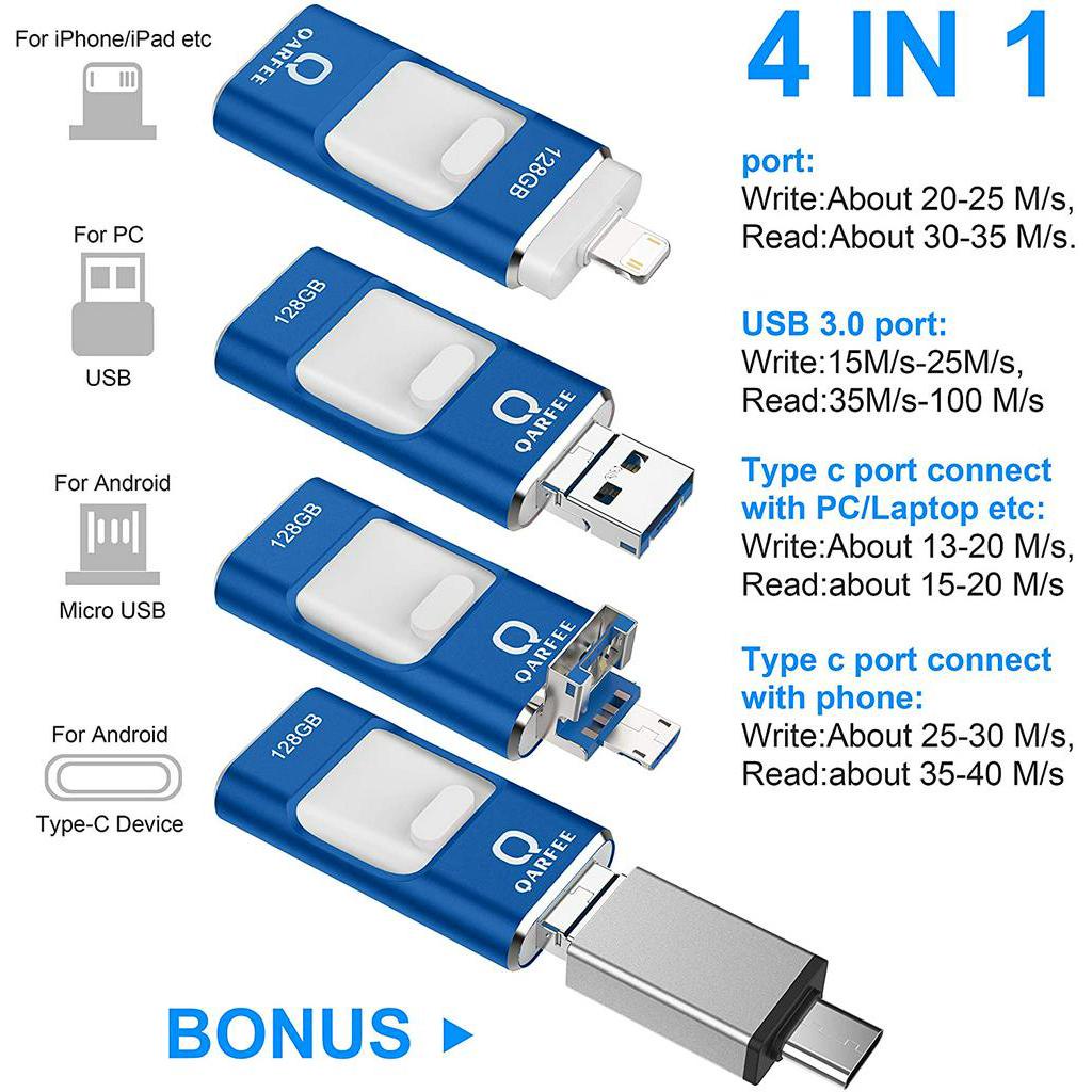 QARFEE Memoria USB 128GB 3.0 Pendrive para iPhone 4 en 1 Micro USB,OTG Lápiz USB Flash Drive con Llavero,Metal,Impermeable,A Prueba de Golpes,Compatible con Windows,Android 128GB, Rosado 
