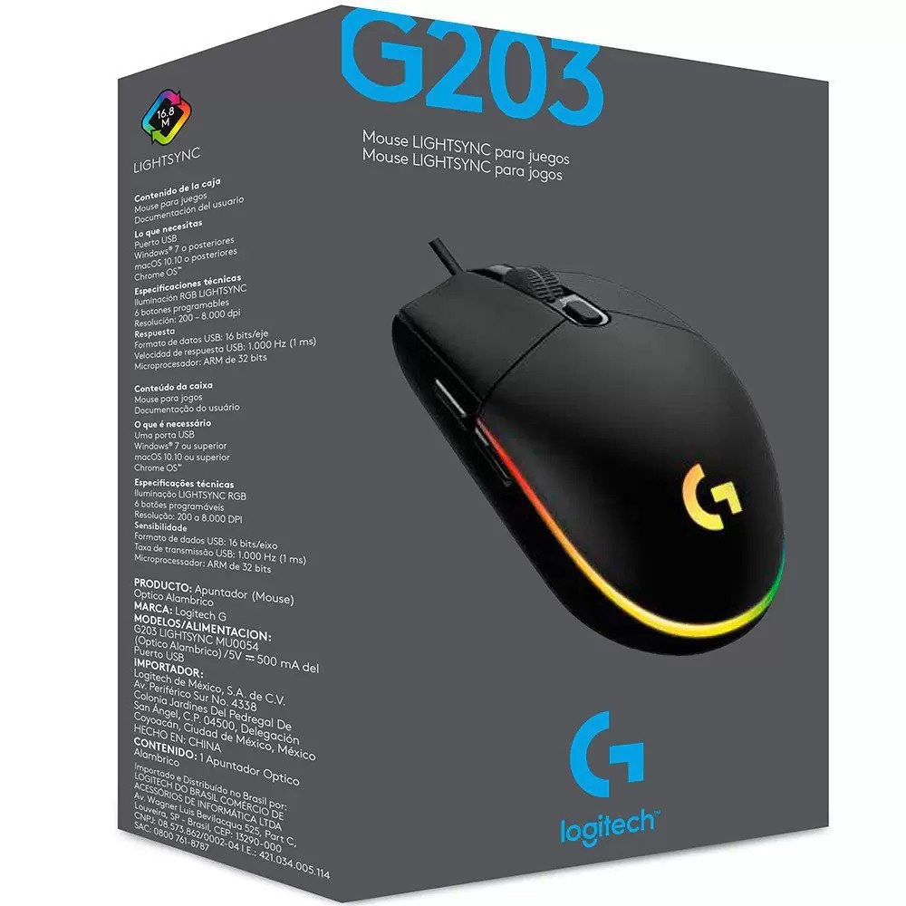Mouse Gamer Logitech G203 Rgb 8000dpi 6 Botoes Preto