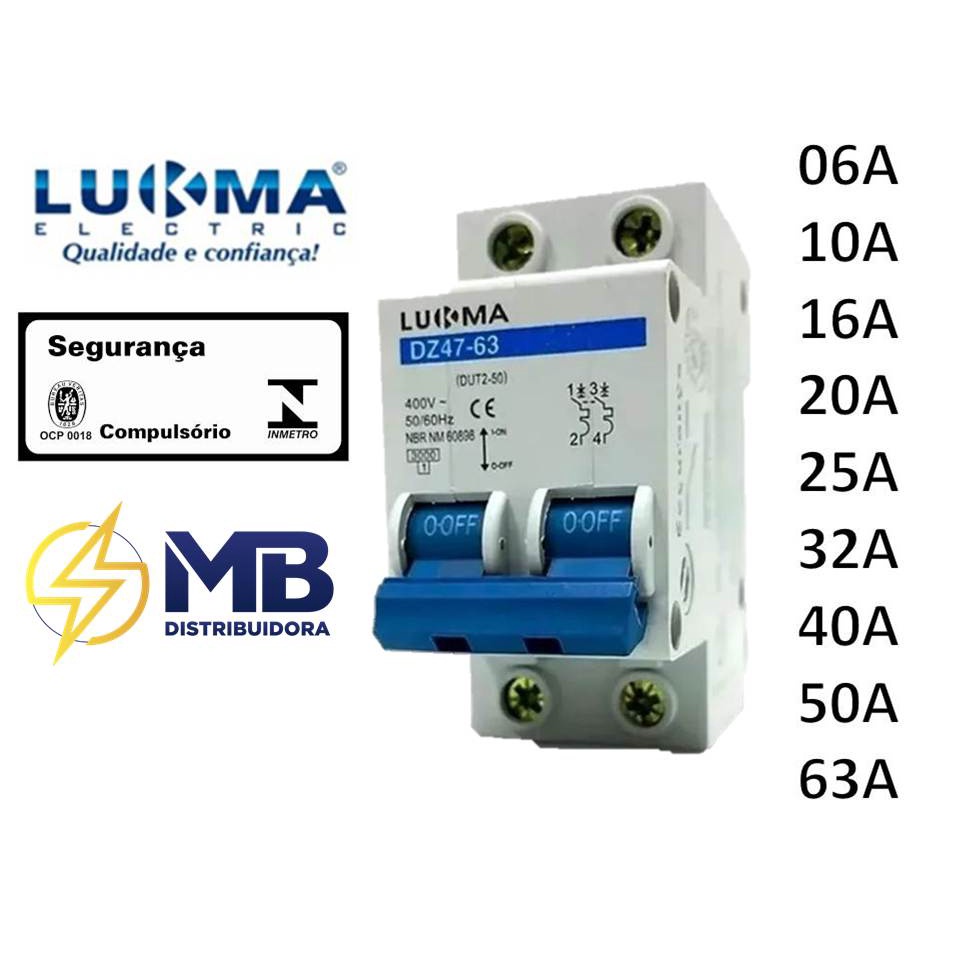 Disjuntor Bipolar DIN Curva C Lukma 10A, 16A, 20A, 25A, 32A, 40A, 50A, 63A