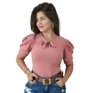 Blusa Feminina Laço Canelada Manga Curta Bufante Evangelica