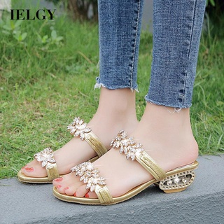 IELGY Moda Coreana Chinelo Feminino Salto Médio Ouro Strass Tamanhos Grandes