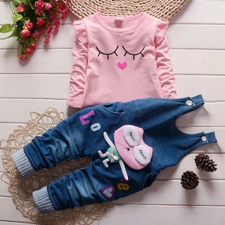 Baby Girl Printed Long Sleeve T-shirt+Jeans With Straps Set