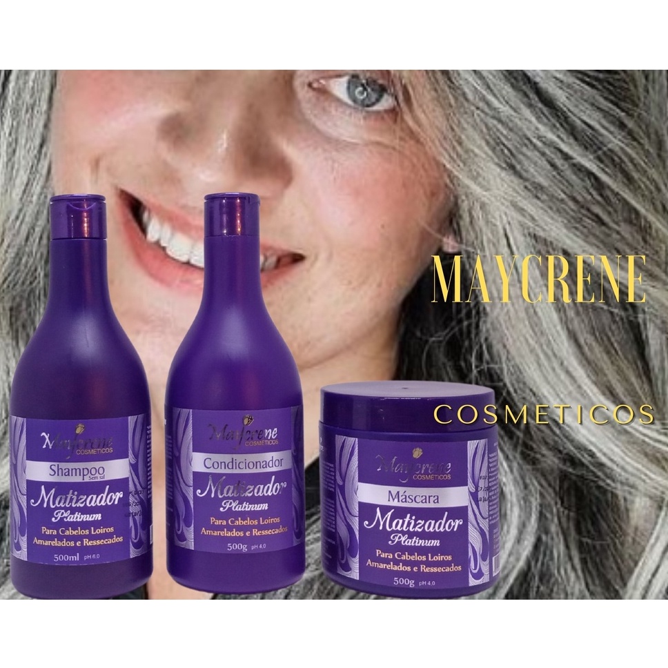 Kit Matizador Platinum Maycrene (Shampoo Condicionador e Máscara) Para cabelos Louros, Amarelado em Oferta na Shopee