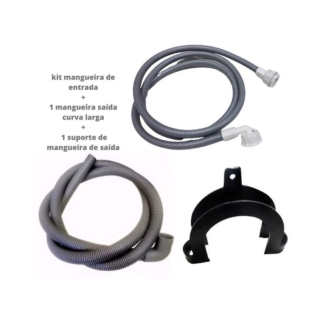 Kit Mangueira de Entrada + Mangueira de Saída Bocal Largo Curvo + Suporte Curva da Mangueira de Drenagem