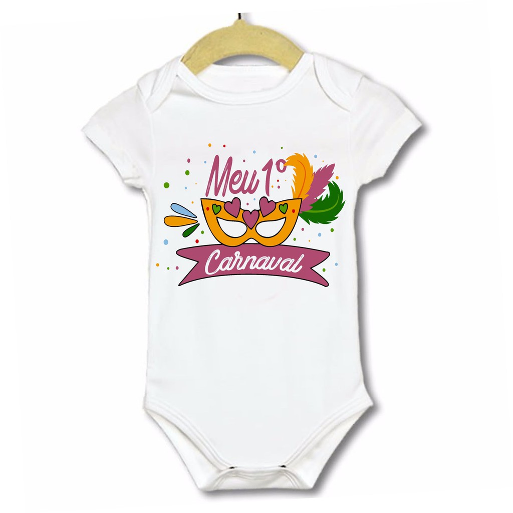 Roupinha Body infantil bebê criança Meu Primeiro carnaval com marcara de carnaval pena  colorido