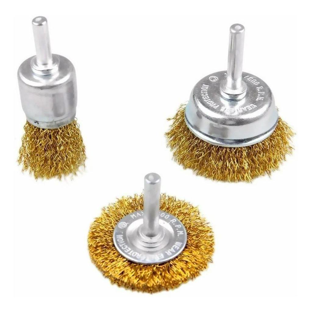 Kit Escova de aco Rotativa 3 Pecas com Haste Furadeira