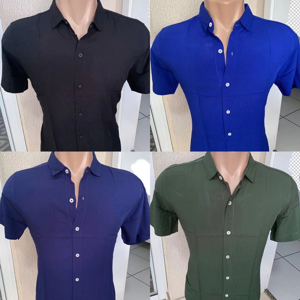 Camisa Social Lisa Masculina Slim Fit Manga Curta