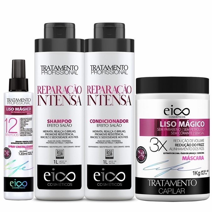 Eico Intense Repair Shampoo e Condicionador 1L + Máscara Liso Mágico Pós Progressiva 1kg + Spray Proteção Térmica 120ml