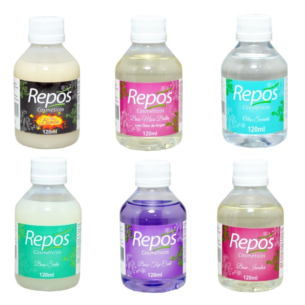 Repos Base 120ml, Base Bomba, Top Coat, Óleo Secante, Maxi Brilho, Incolor, Seda