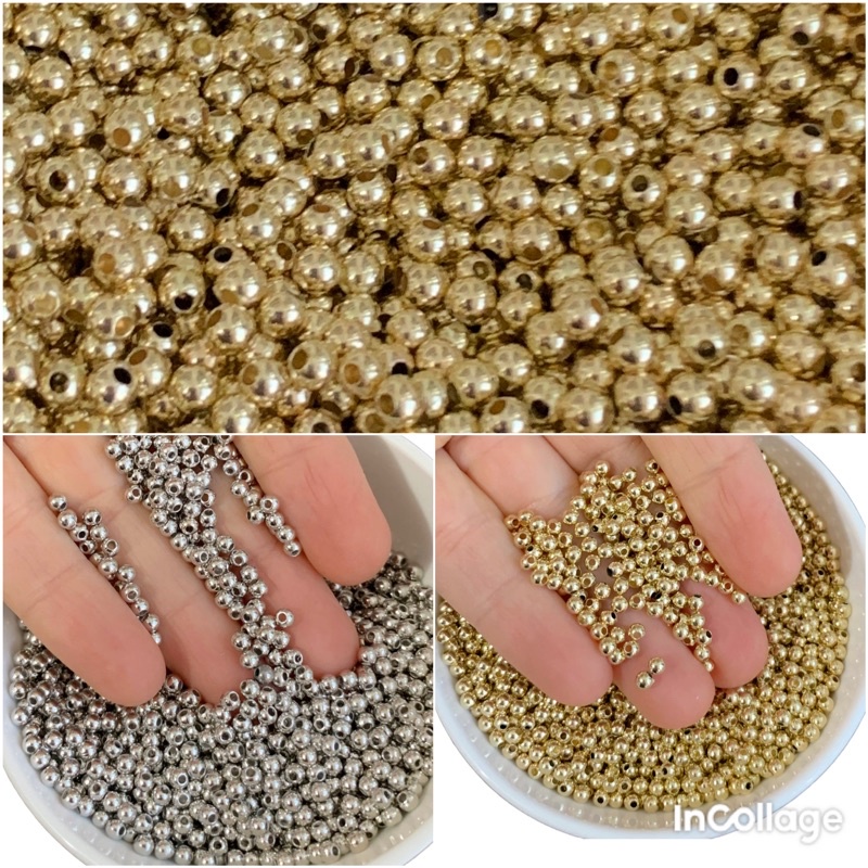 30g Bolinha abs com furo passante 3mm 4mm 5mm para bijuterias prata e dourada em Oferta na Shopee