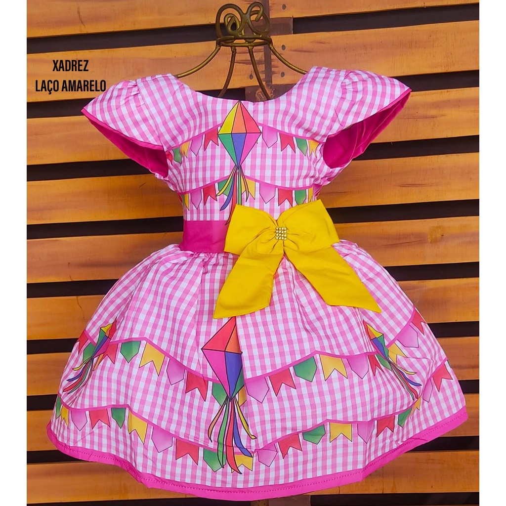 Vestido Luxo Temático Infantil Festa Junina Xadrez Rosa