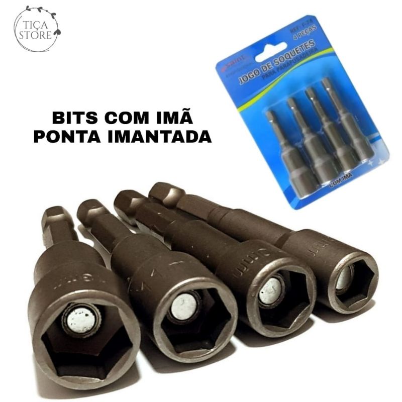 Jogo Soquetes Para Parafusadeira 4 Peças 8mm/ 10mm/ 11mm/ 13mm Imã Potente Barato
