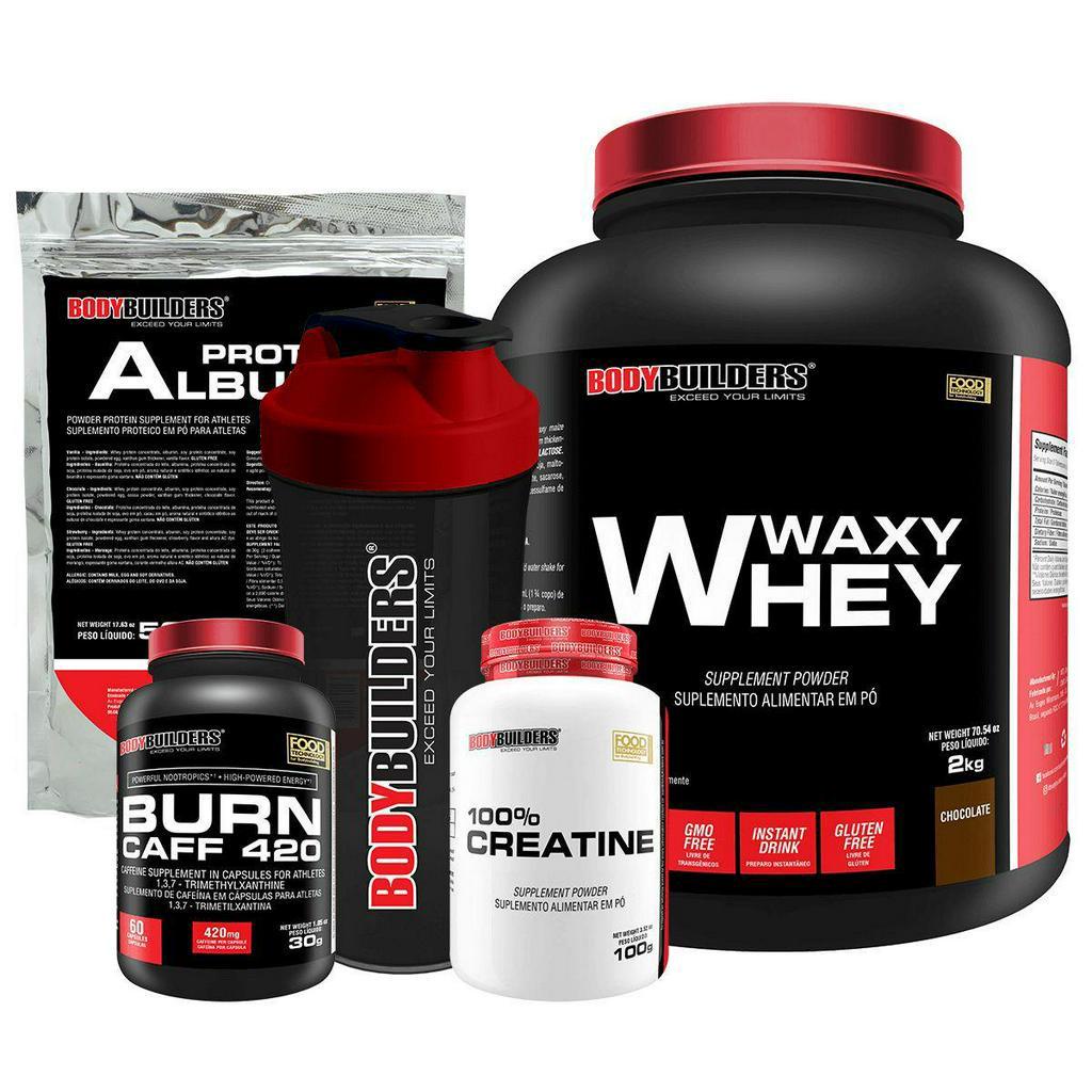 Kit Waxy Whey 2kg + Creatina 100g + Burn Caff 60 Cápsulas + Albumina 500g + Shaker - Bodybuilders