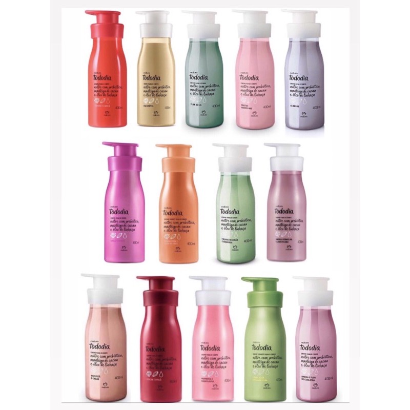 4 Cremes Hidratantes Corporais 400ml Natura Tododia Todo Dia Sortidos Original Cereja Macadâmia Algodão Flor de Lis Lima Laranjeira Framboesa Pimenta Rosa Tâmara Canela Amora Vermelha Jabuticaba Manga Rosa Água Coco Folhas Limão Graviola Noz Pecã Cacau
