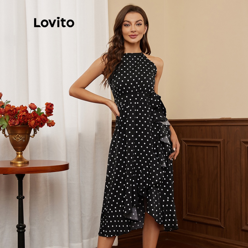 Lovito Vestido Elegante de Bolinha com Laço de Amarrar Bainha de Babado Frente Única L17D101 (Preto)